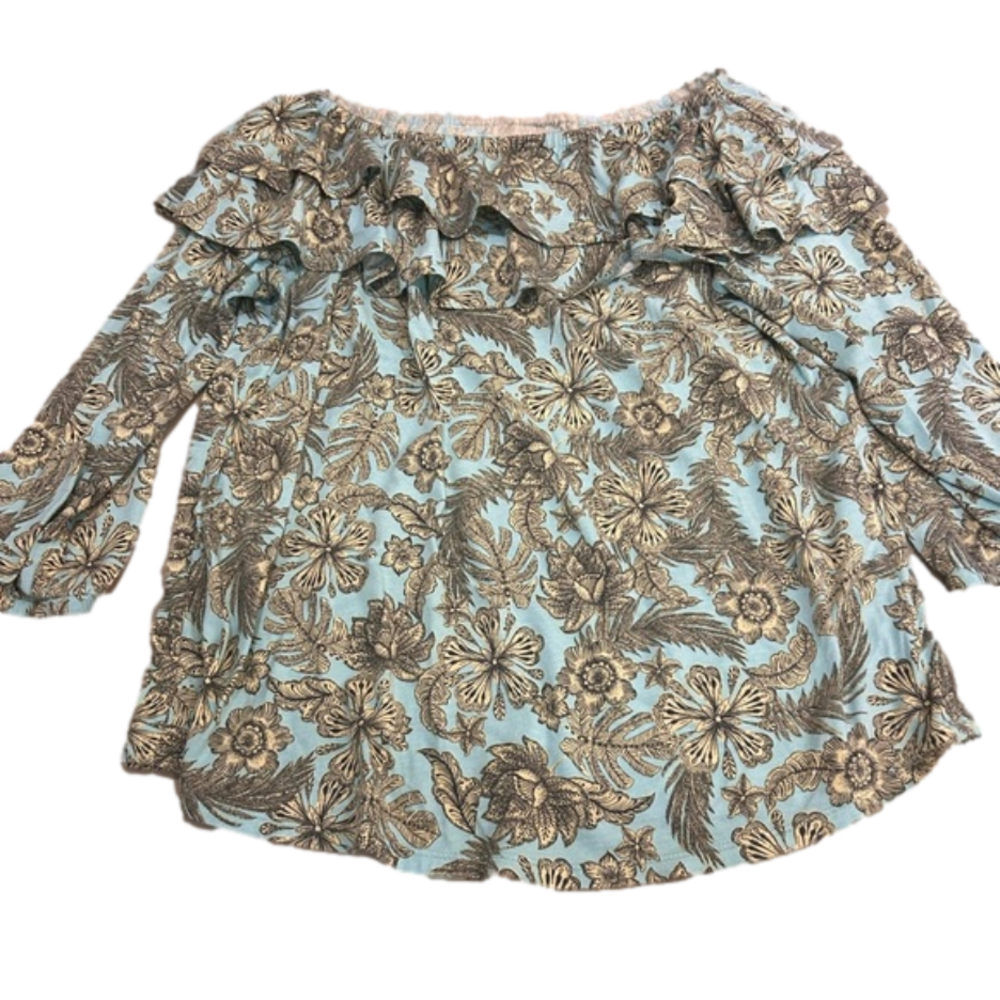 J. Jill Ruffle Neck Floral Palm Print Top Size Small